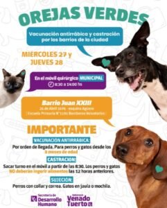 El programa “Orejas Verdes” estará en otro barrio de Venado Tuerto con castraciones y vacunación antirrábica gratuitas