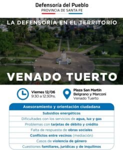 La Defensoría del Pueblo llega a Venado Tuerto: Ofrecerá asesoramiento y orientación gratuita sobre distintas problemáticas y trámites