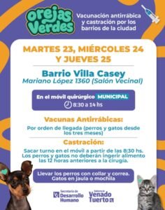 El programa “Orejas Verdes” estará en otro barrio de Venado Tuerto con castraciones y vacunación antirrábica gratuita