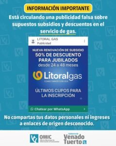 Desde la Oficina de Información al Consumidor de Venado Tuerto advierten sobre una falsa publicidad de subsidios y descuentos en el servicio de gas