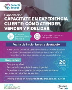 El programa “Conecta Empleo” de Venado Tuerto capacitará en atención al cliente, ventas y fidelización