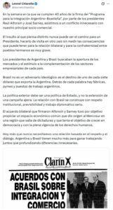 Chiarella cuestionó los dichos de Milei contra Lula y pidió preservar la relación con Brasil