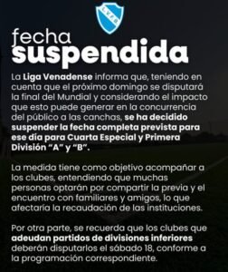 La Liga Venadense de Fútbol suspendió la fecha por la final del Mundial