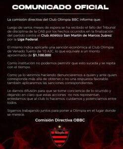 Olimpia de Venado Tuerto recibió una multa millonaria por un partido de la Liga Federal