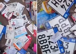 Sorpresa en una plaza de Venado Tuerto: encontraron patentes, documentos y llaves tirados en un canasto de basura