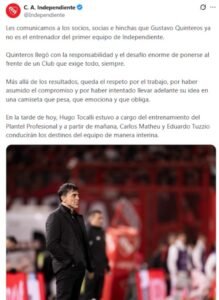 Independiente sobre la salida del oriundo de Cafferata Gustavo Quinteros como DT: “Intentó llevar adelante su idea con una camiseta que pesa”