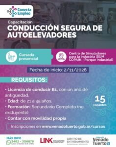 Nuevo curso gratuito de conducción segura de autoelevadores en Venado Tuerto