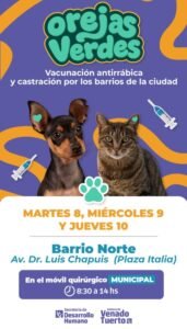 Realizarán jornadas de castraciones y vacunación antirrábica gratuita en otro barrio de Venado Tuerto