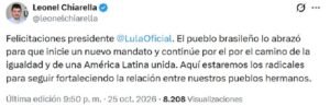 Chiarella felicitó a Lula por su triunfo: “Aquí estaremos los radicales para seguir fortaleciendo la relación entre nuestros pueblos hermanos”