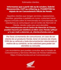 Polémica por la venta de motos en Firmat: Importante comunicado oficial de Honda