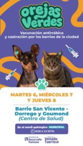 El programa de salud animal “Orejas Verdes” estará en otro barrio de Venado Tuerto con castraciones y vacunación antirrábica gratuita
